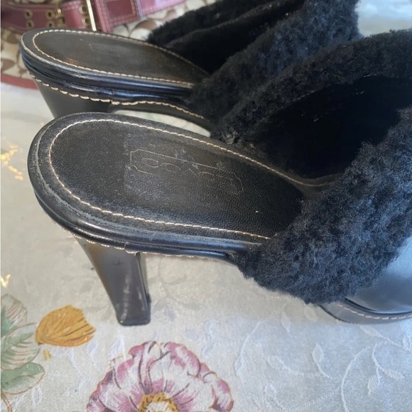 Coach Slip On Kacie mules black leather shearling trim high heel size 8B - Picture 2 of 8